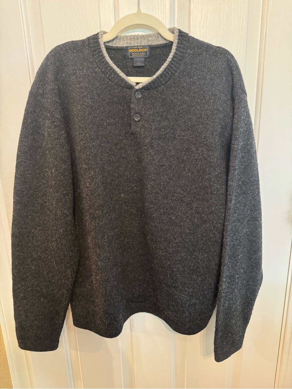 Vintage Woolrich Mens Large Henley Sweater Gray Heavy Knit Wool Blend Outdoor, L